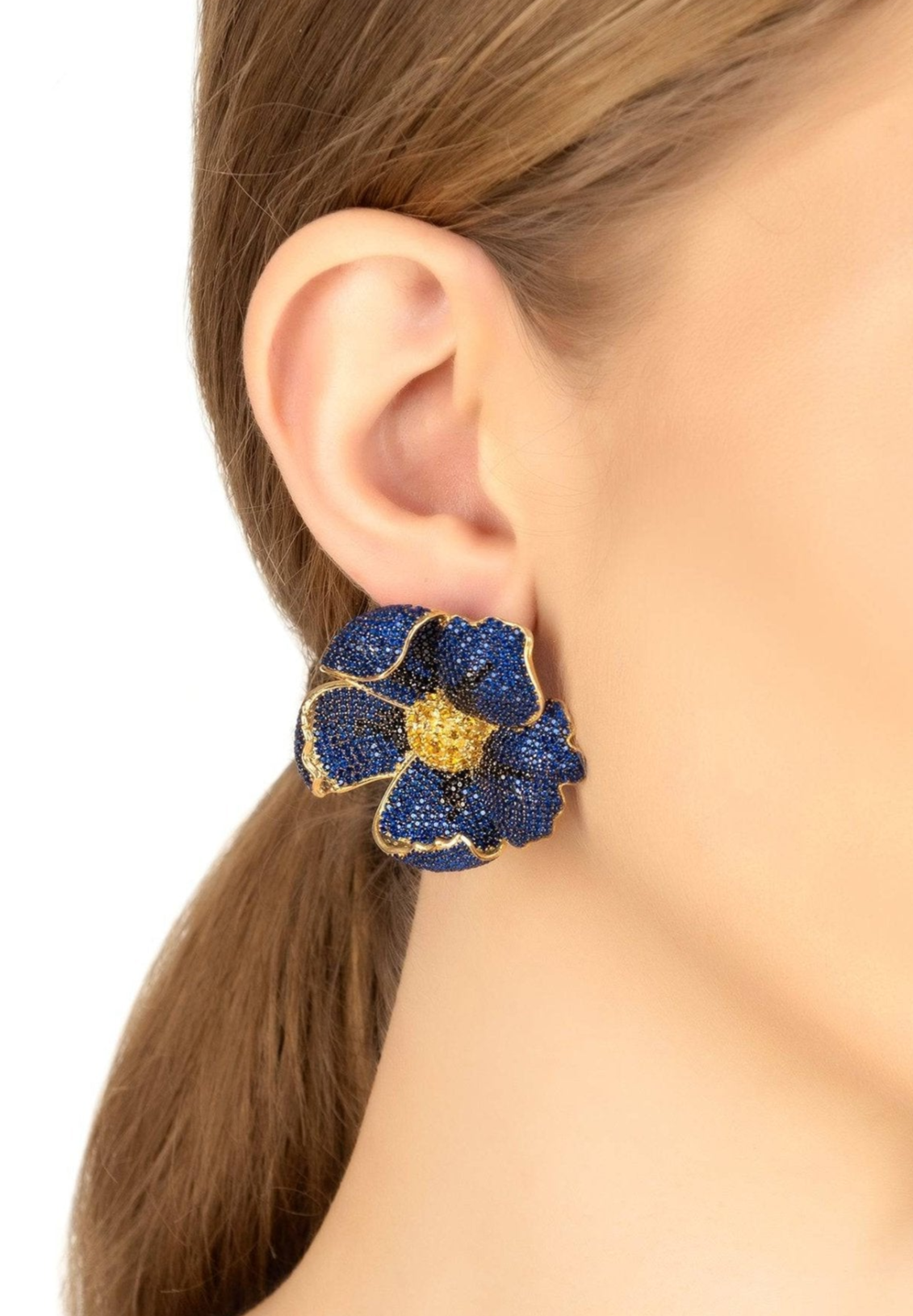 Statement-Poppy-Flower-Earrings-925-Sterling-Silver-22ct-Gold-Plating-Sapphire-Blue-Zircon