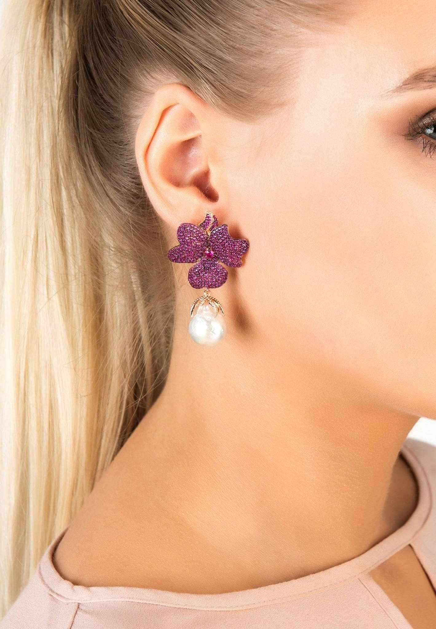 Baroque Pearl Ruby Red Flower Earrings Rose Gold