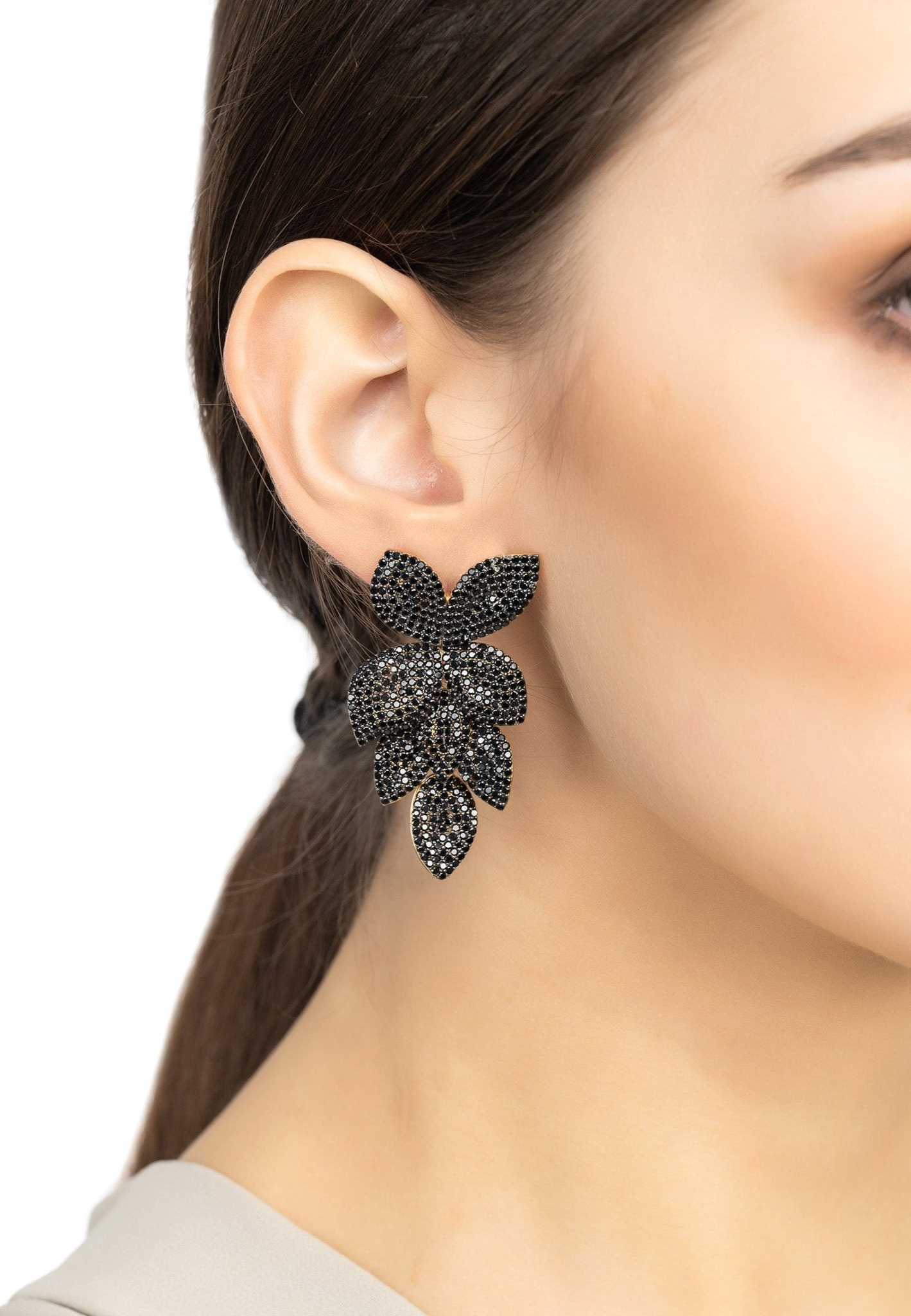 Petal Cascading Flower Earrings Gold Black Cz
