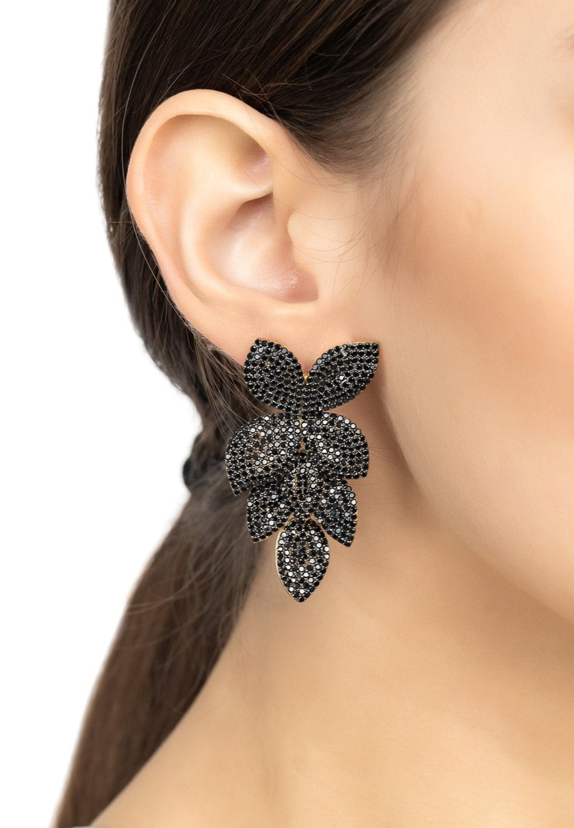 Petal Cascading Flower Earrings Gold Black Cz