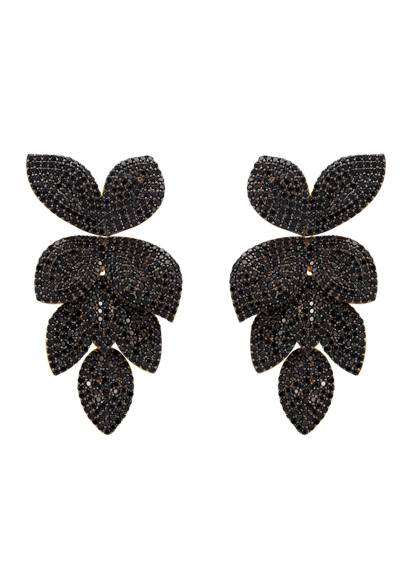 Petal Cascading Flower Earrings Gold Black Cz