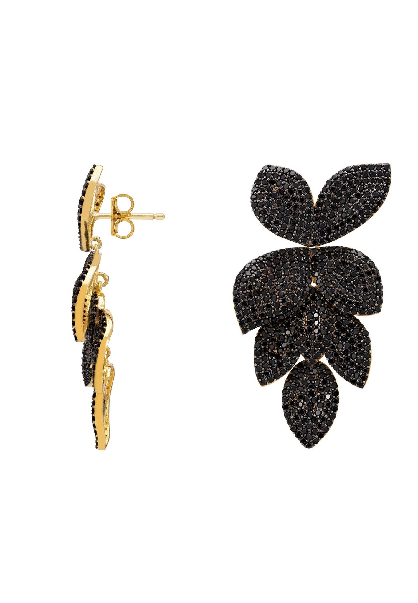 Petal Cascading Flower Earrings Gold Black Cz
