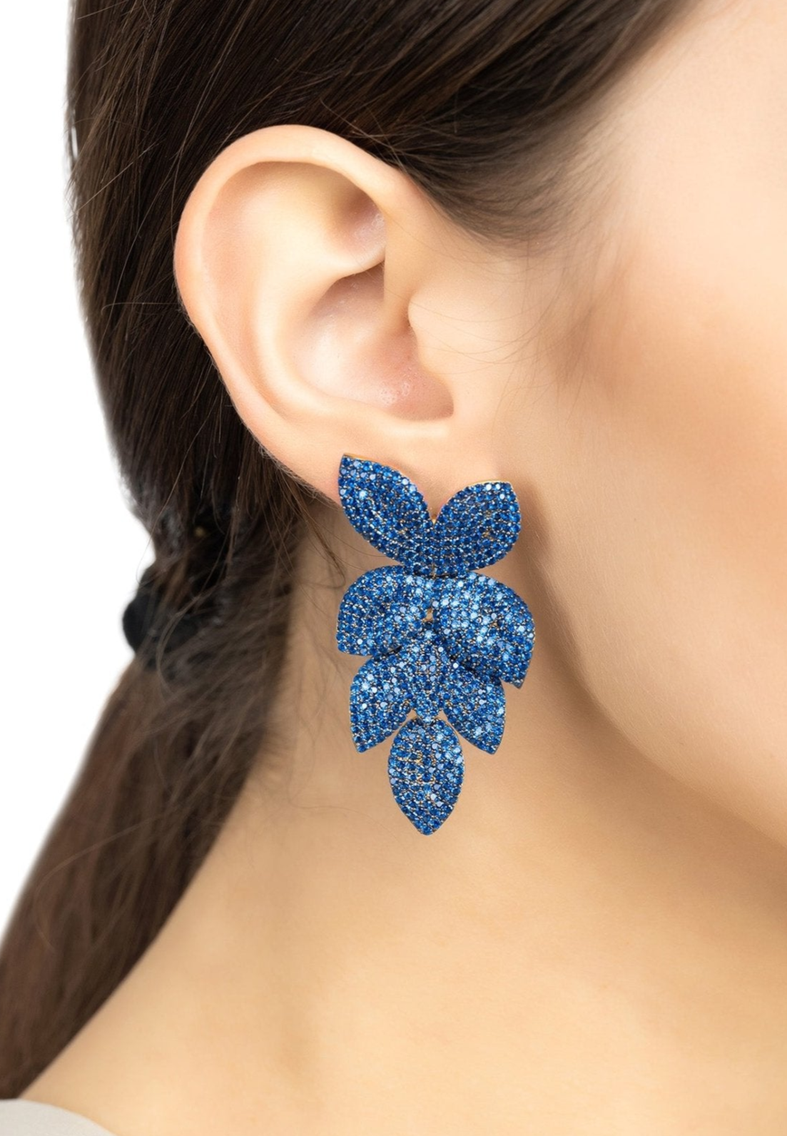 Petal Cascading Flower Earrings Gold Sapphire Cz