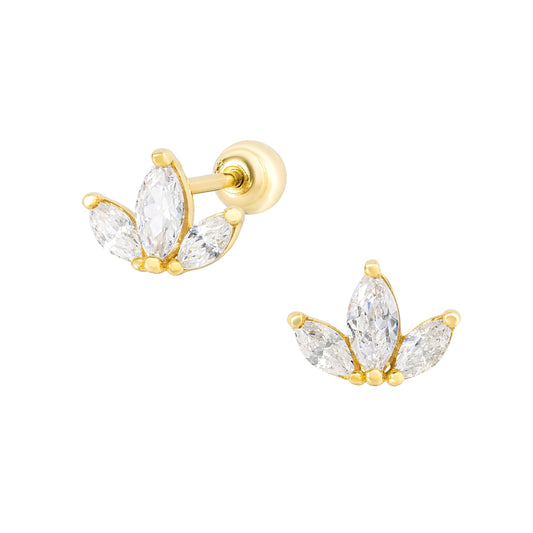 14K Solid Gold CZ 3 Leaf Stud Piercing