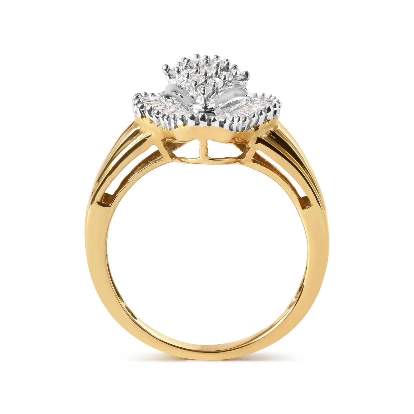 Round and Baguette-Cut Diamond Rhombus Head and Halo Ring