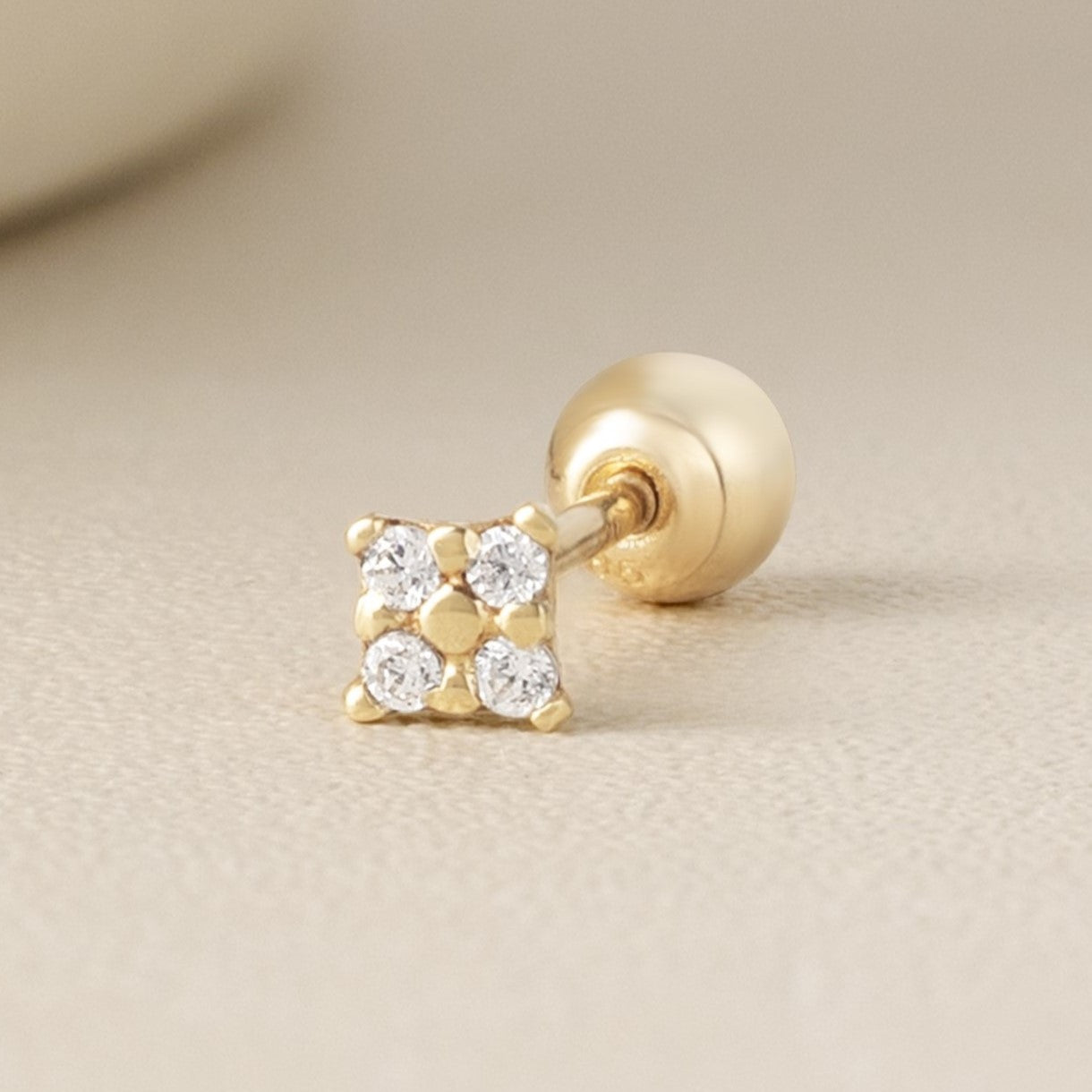 14K Solid Gold Tiny Square CZ Stud Piercing