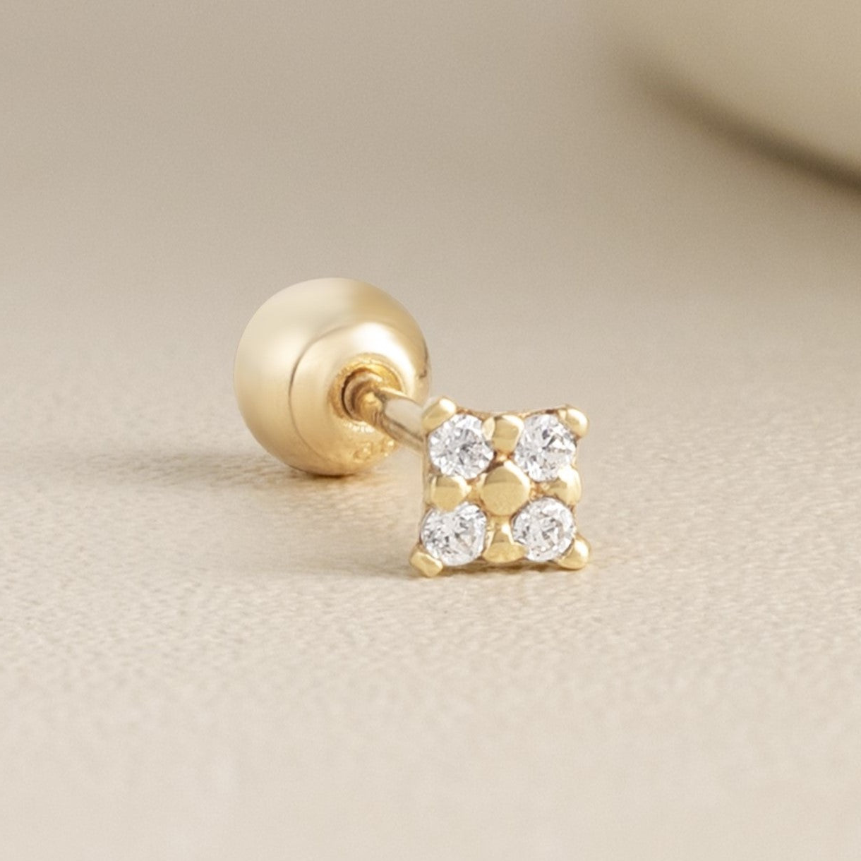 14K Solid Gold Tiny Square CZ Stud Piercing