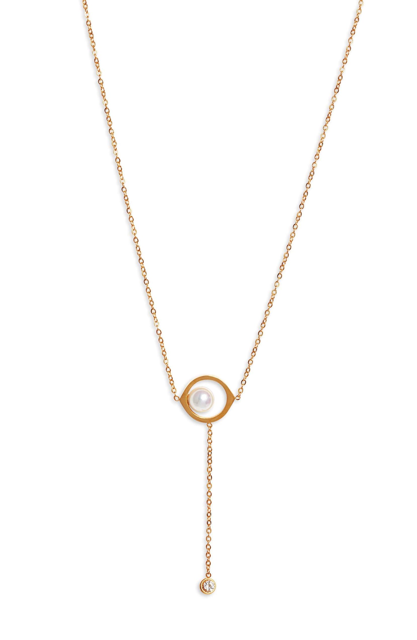 Gold-tone pearl drop necklace with cubic zirconia crystal