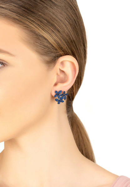 Flowers Large Stud Earrings Sapphire Blue Gold