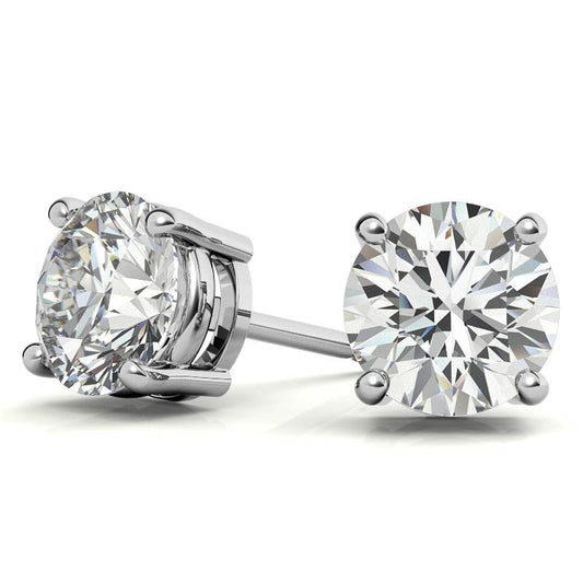 A pair of 14k white gold round brilliant-cut lab-grown diamond stud earrings with push-back closures.