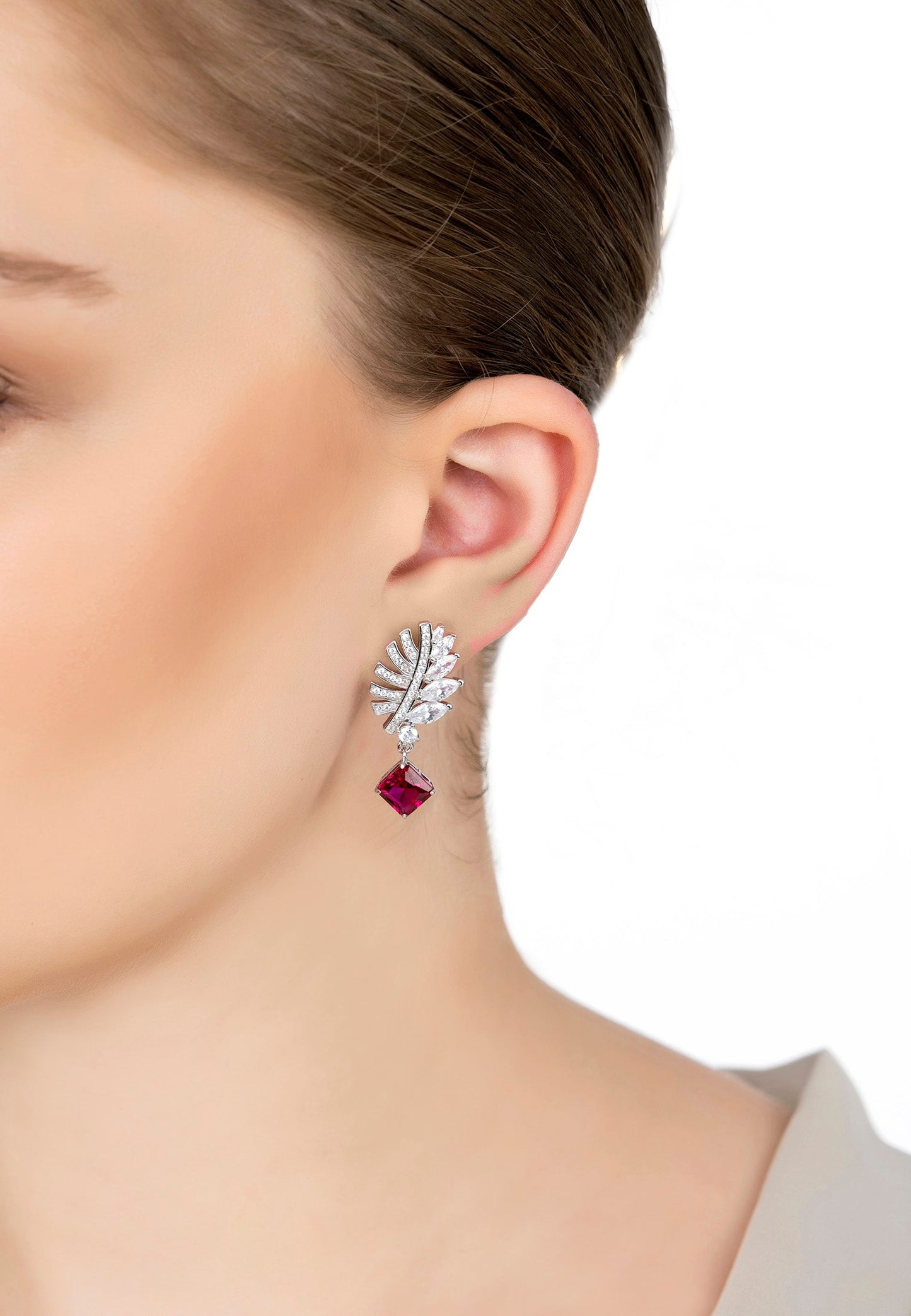 Ruby Palm Leaf Drop Earrings