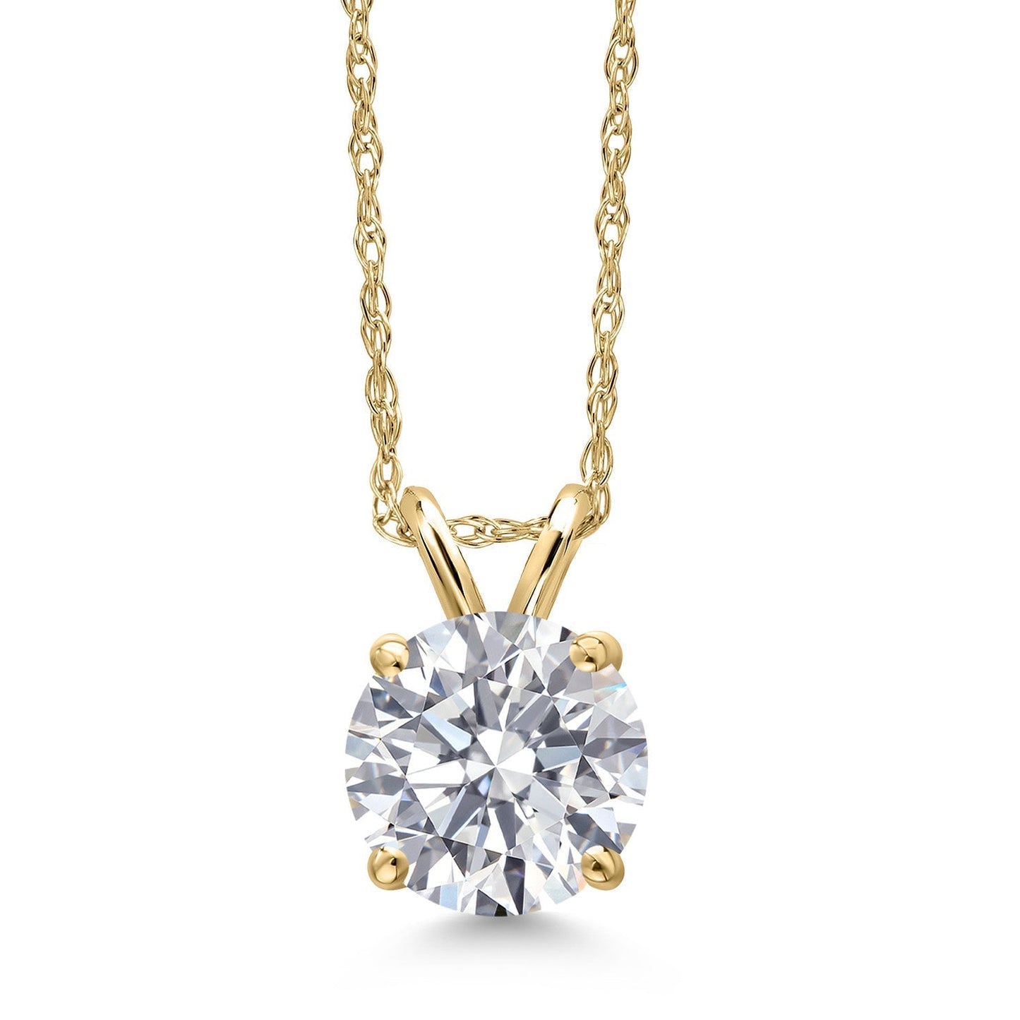 Gold necklace with a round diamond pendant on a white background