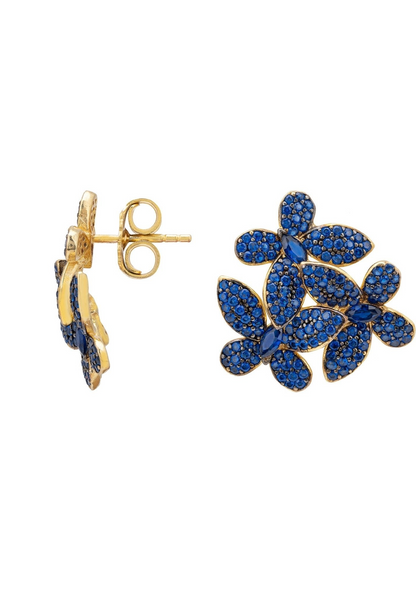 Flowers Large Stud Earrings Sapphire Blue Gold