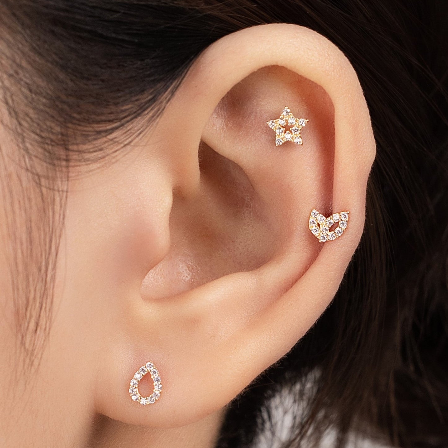 14K Solid Gold 2 Leaf Stud Piercing