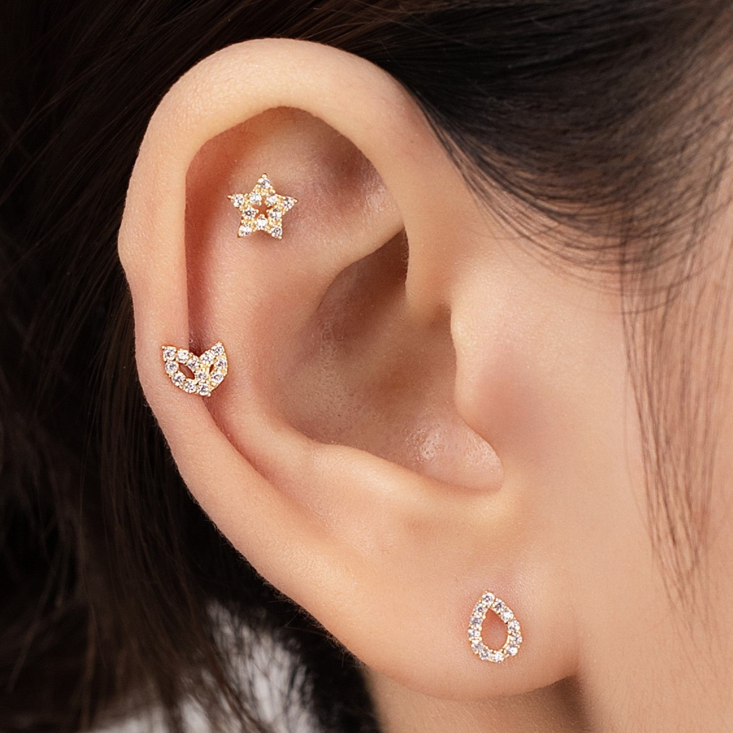 14K Solid Gold 2 Leaf Stud Piercing