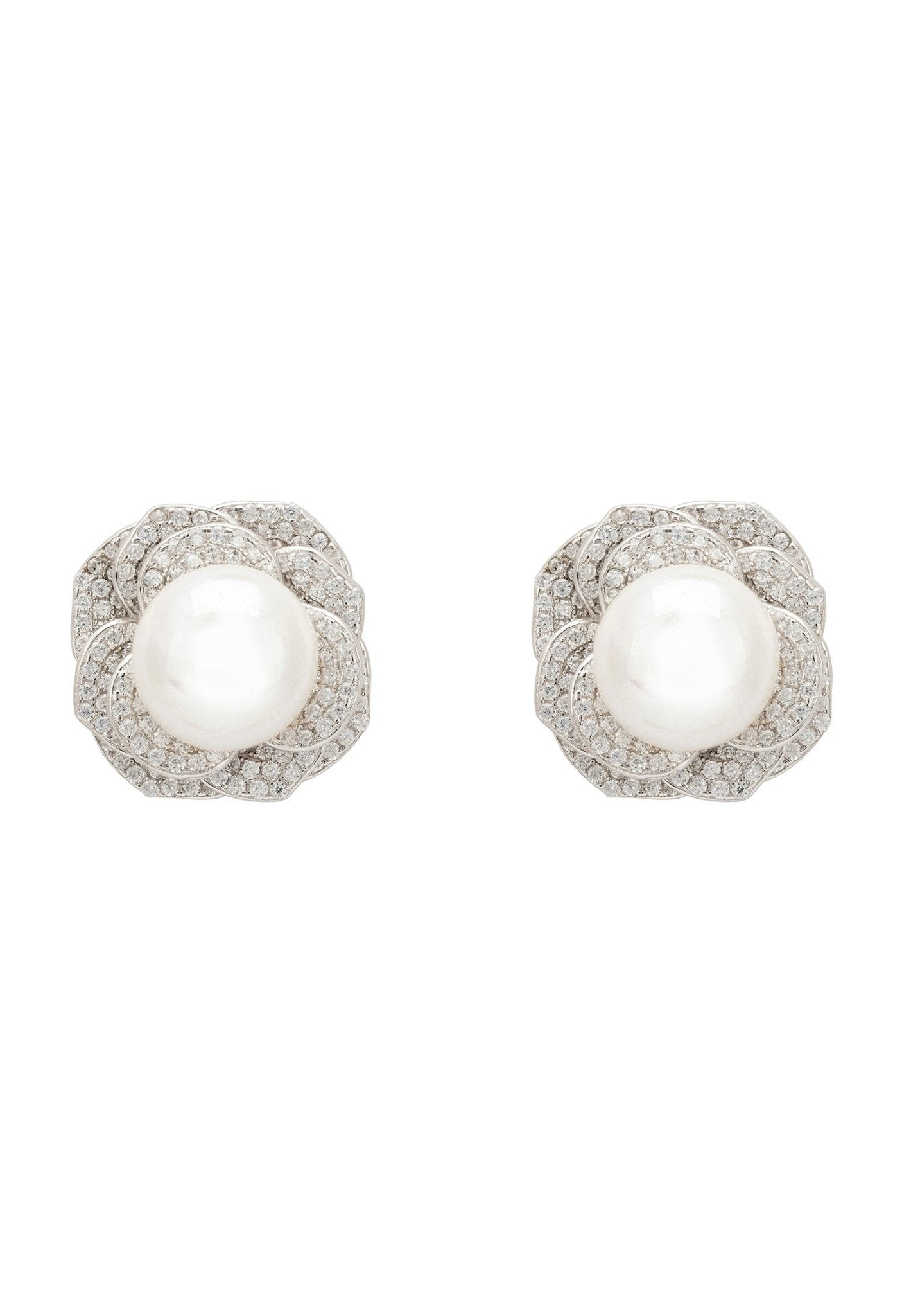 Pearl and Rose Petals Stud Earrings Silver