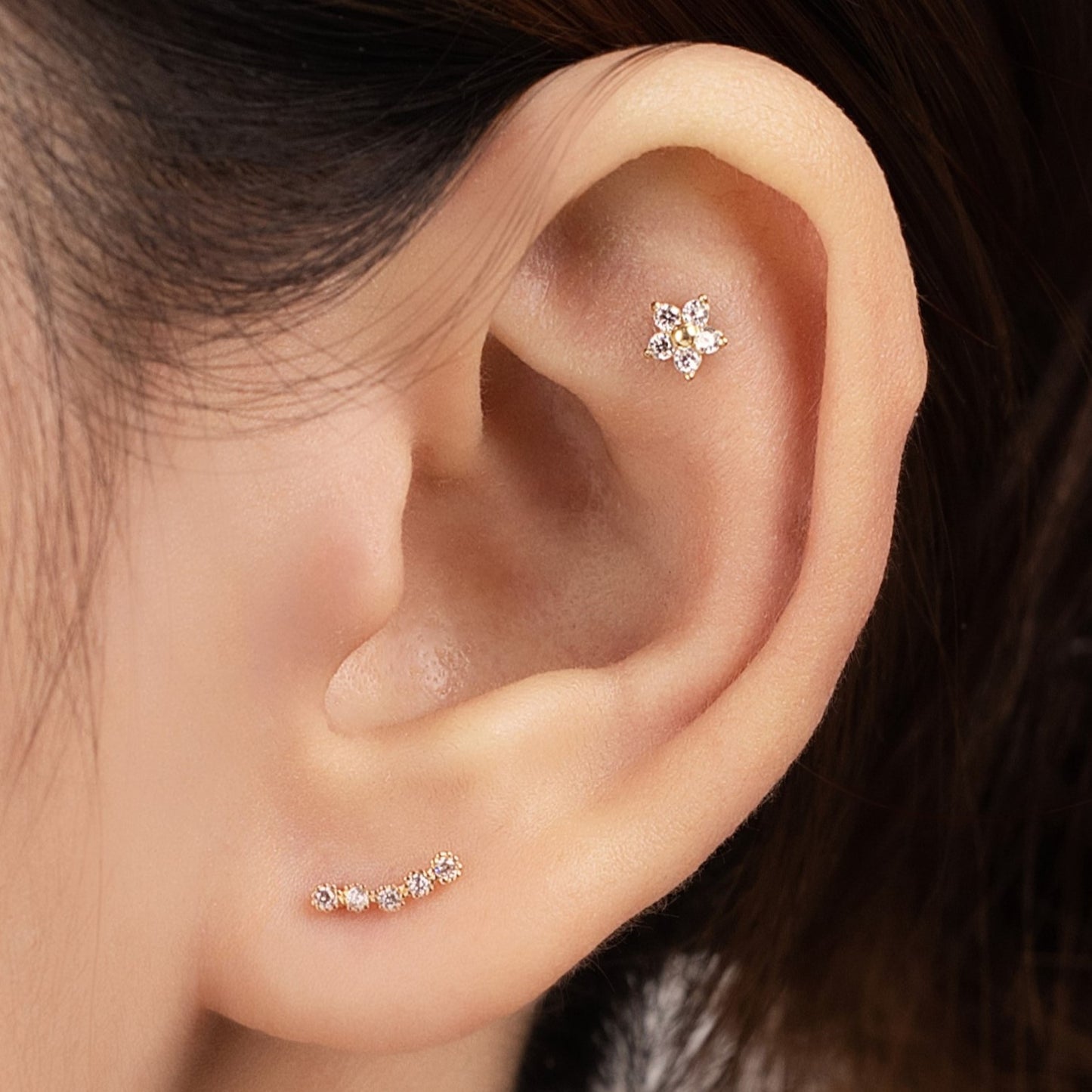 14K Solid Gold Ear Climber Stud Piercing