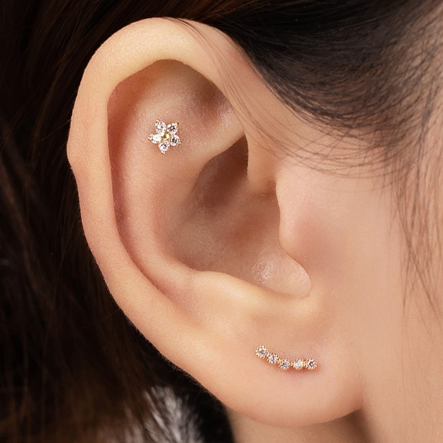 14K Solid Gold Ear Climber Stud Piercing