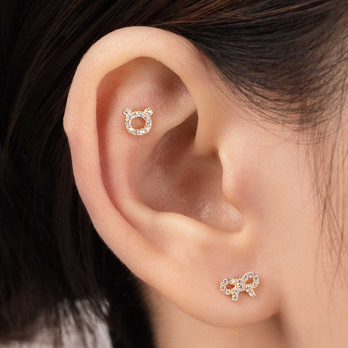 14K Solid Gold CZ Bow Stud Piercing