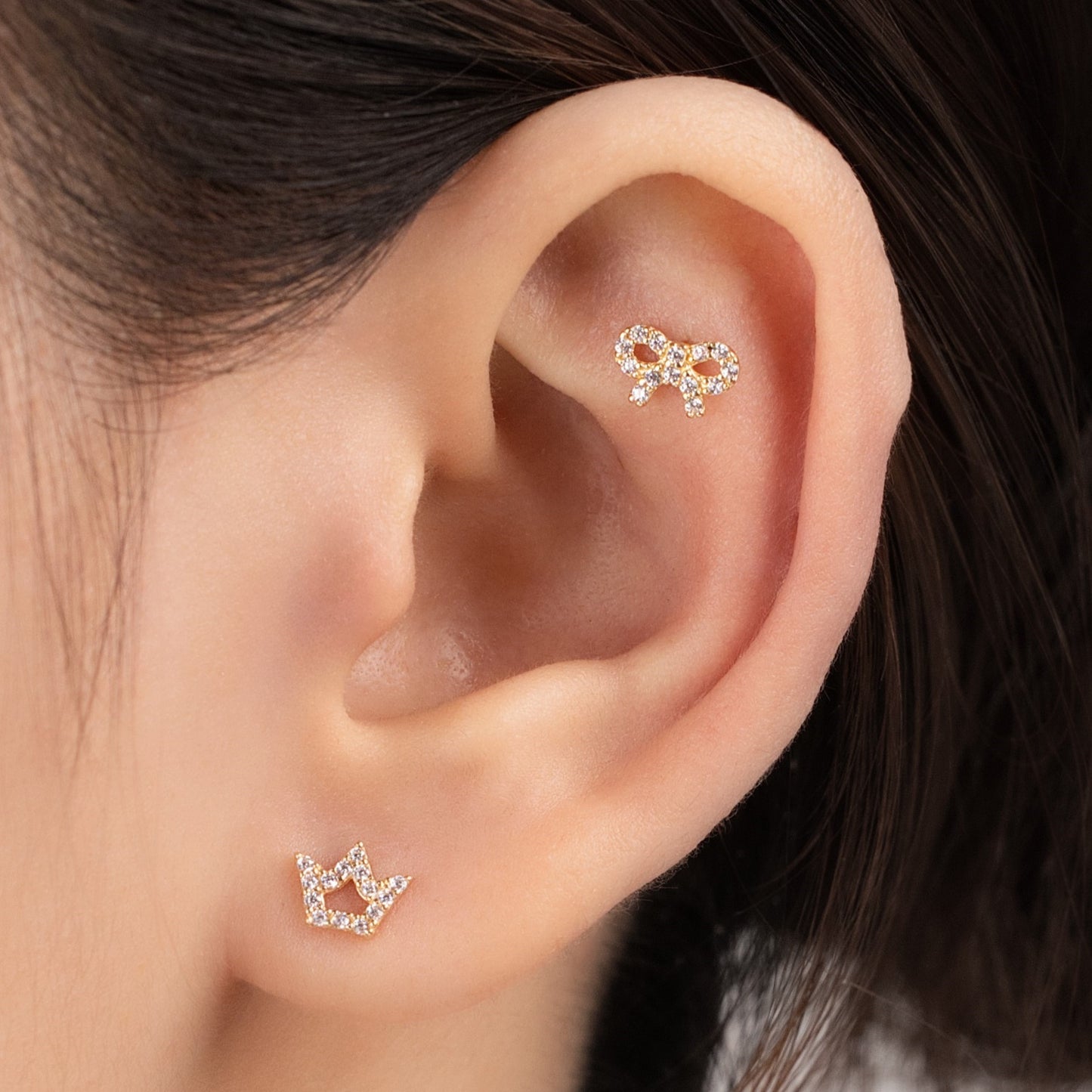 14K Solid Gold CZ Bow Stud Piercing