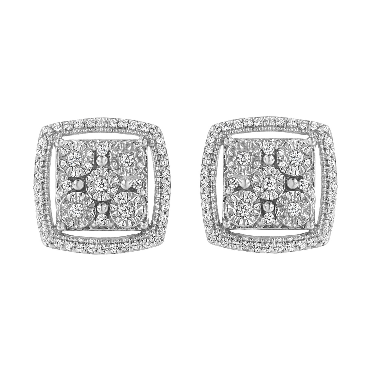 Miracle Set Round Diamond Double Halo Cluster Earrings