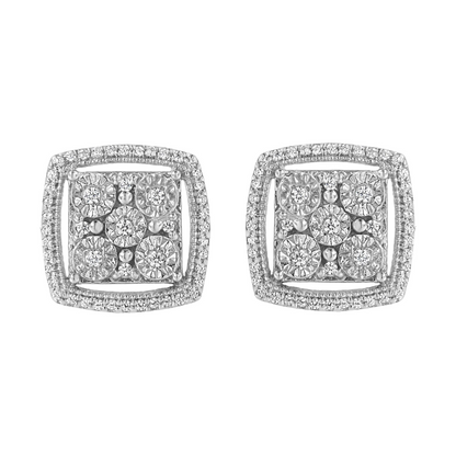 Miracle Set Round Diamond Double Halo Cluster Earrings