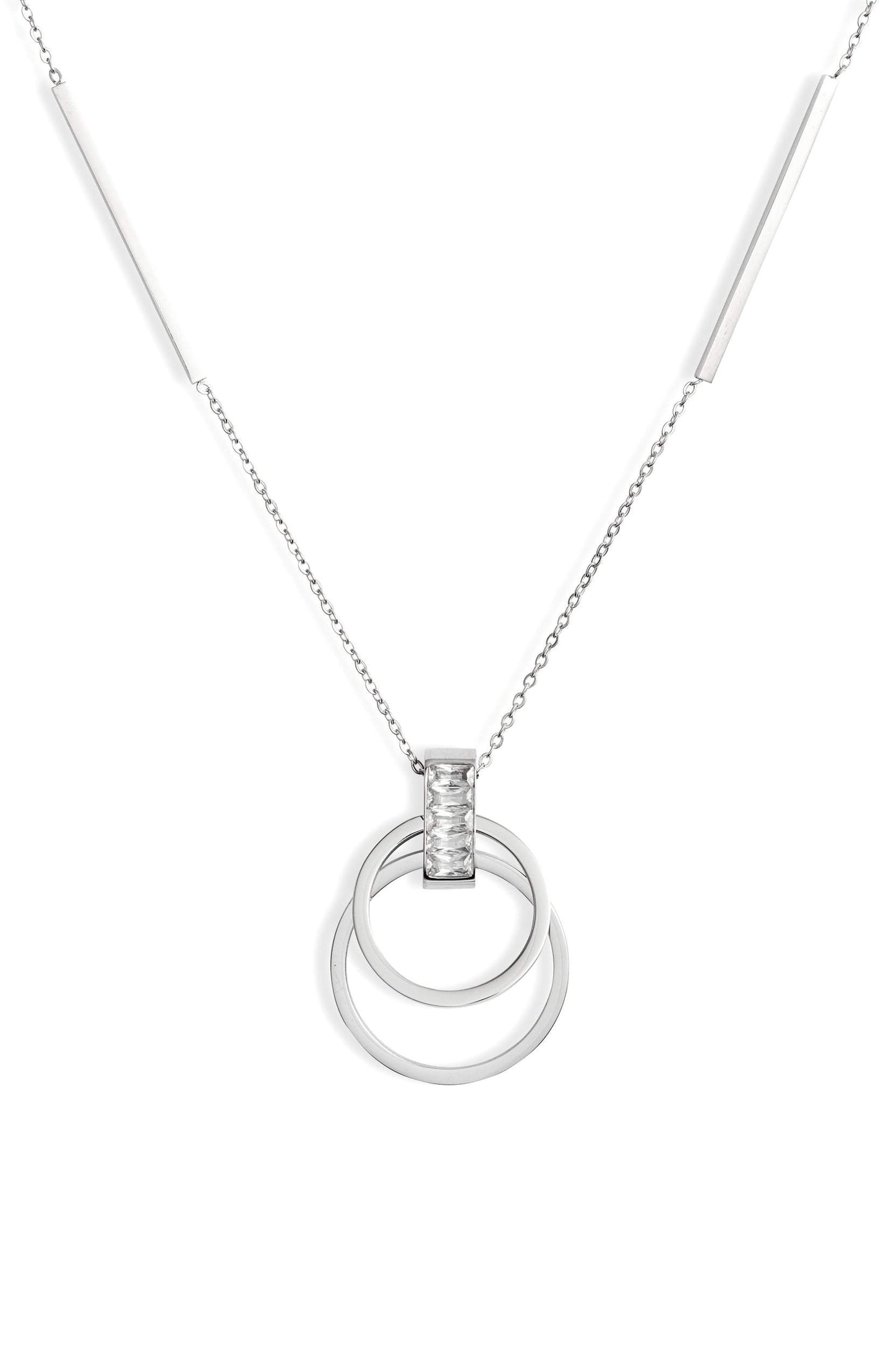 Elegant Silver bar chain necklace with crystal open pendant