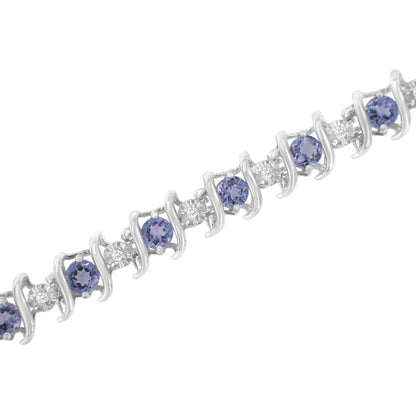 Silver Lab-Grown Birthstone and 1/6 Cttw Round Diamond Tennis Bracelet