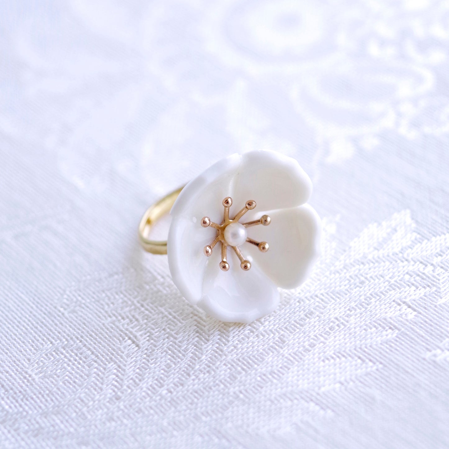 Snow-White Porcelain Plum Blossom Ring with Gold Plated Band