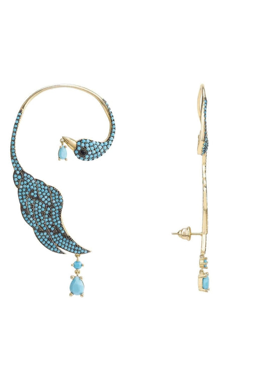 Gold Bird Paradise Ear Climber with Turquoise Cubic Zirconia