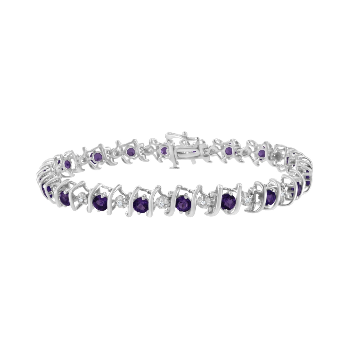 Silver Lab-Grown Birthstone and 1/6 Cttw Round Diamond Tennis Bracelet