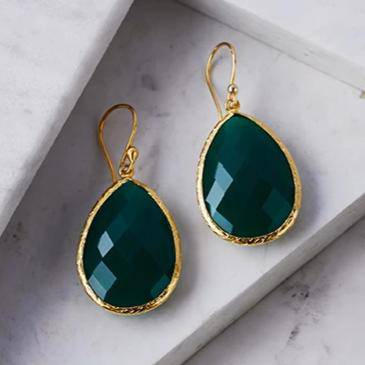 Elegant green onyx gold teardrop earrings, lightweight