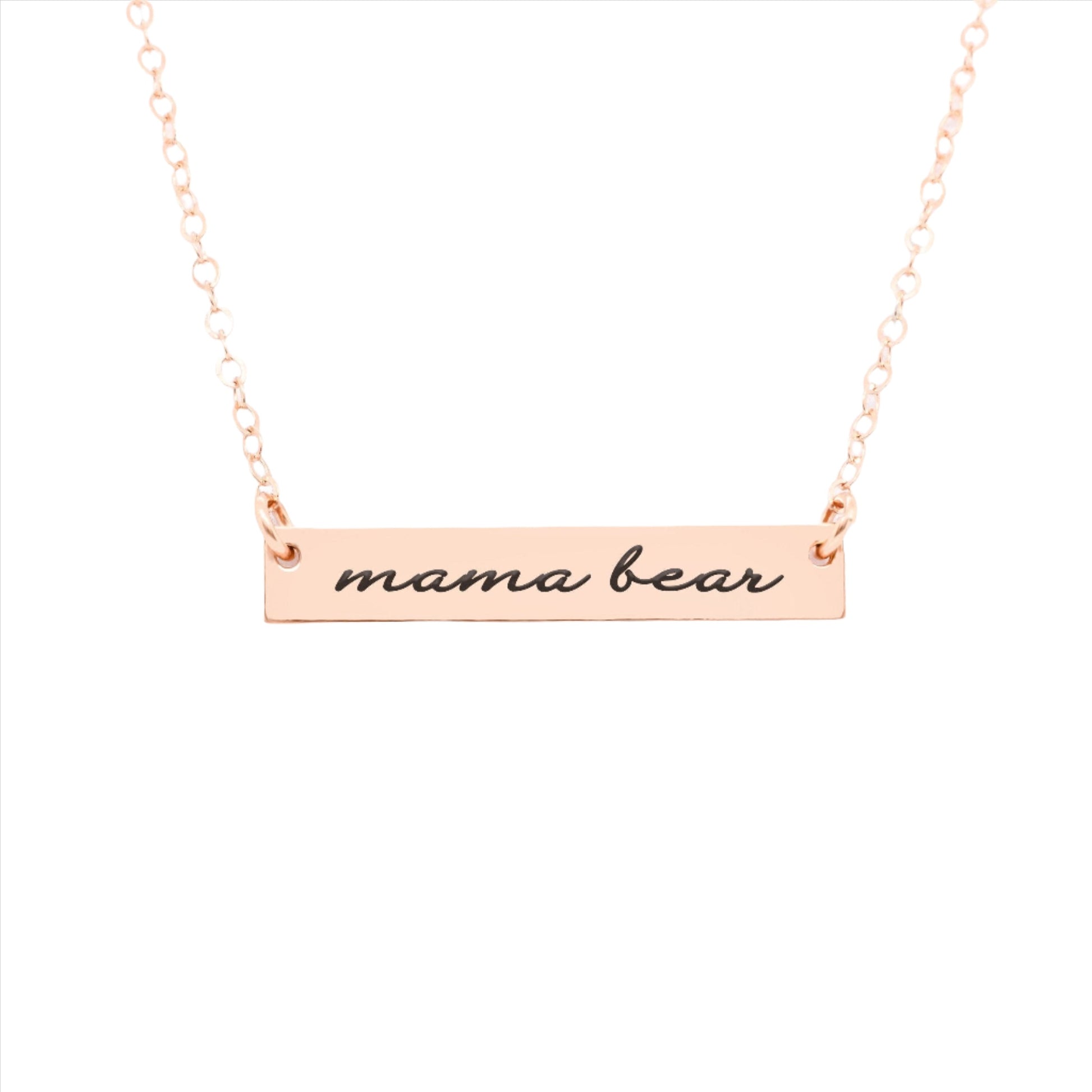 Mama Bear Necklace - Rose gold bar necklace with engraved text