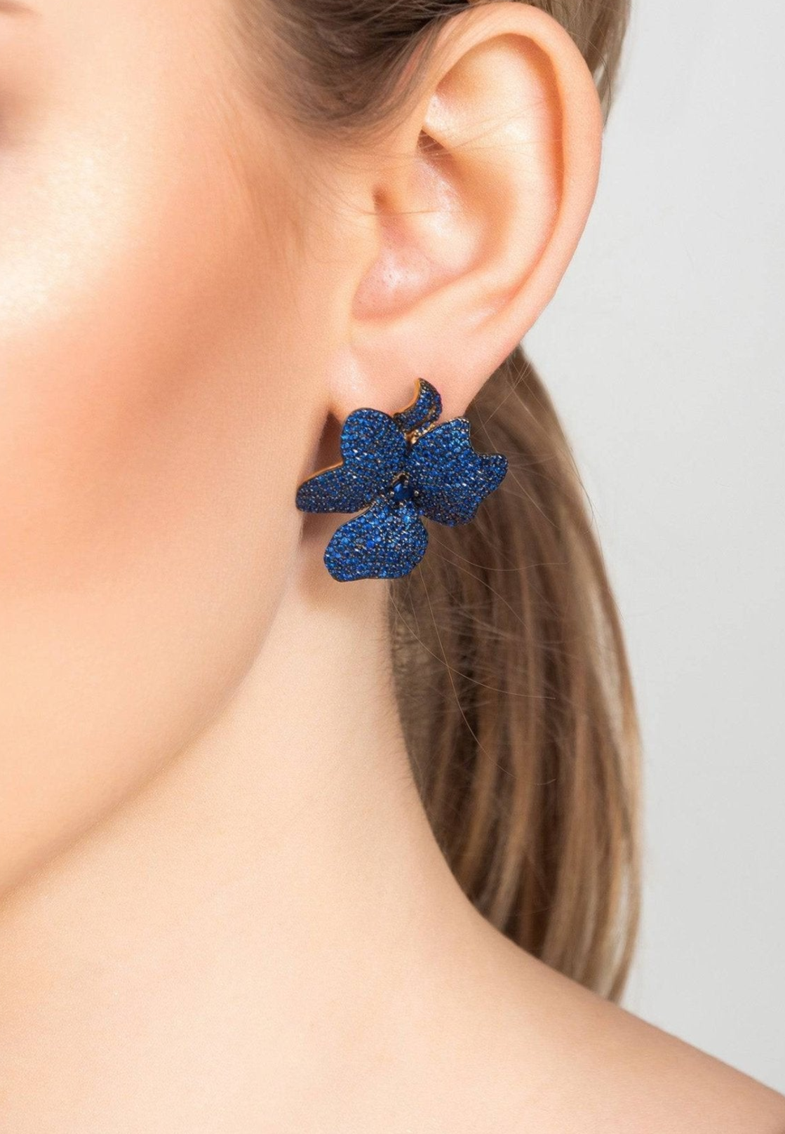 Flower Large Stud Earrings Gold Sapphire Blue