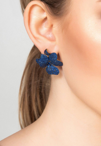 Flower Large Stud Earrings Gold Sapphire Blue