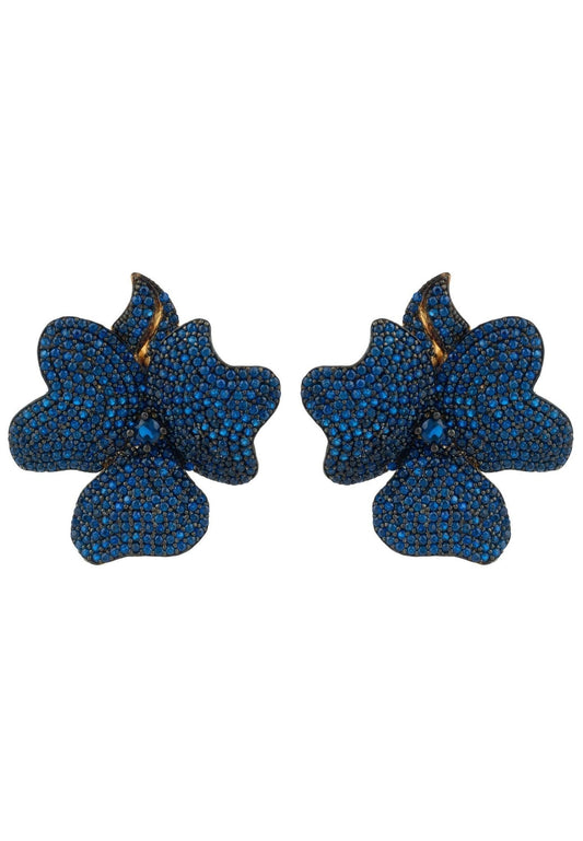 Flower Large Stud Earrings Gold Sapphire Blue