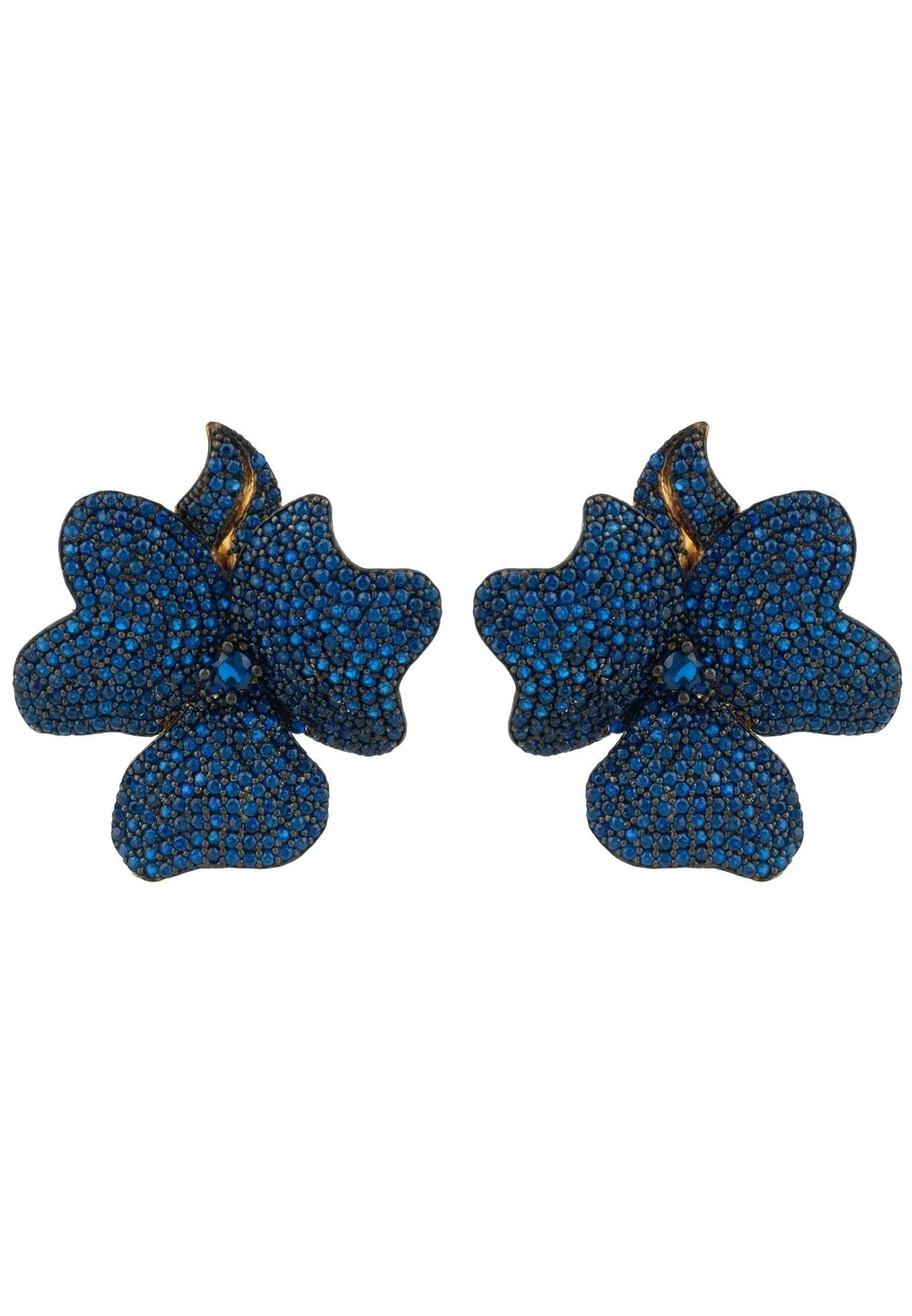 Flower Large Stud Earrings Gold Sapphire Blue