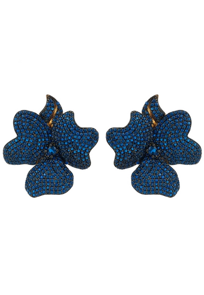 Flower Large Stud Earrings Gold Sapphire Blue