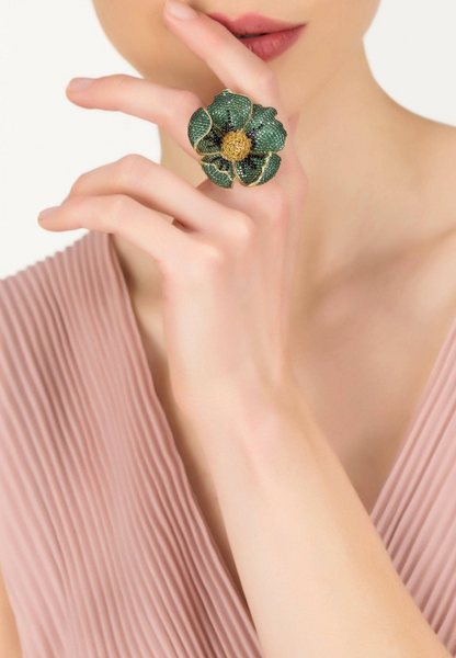 Poppy Flower Green Ring Gold