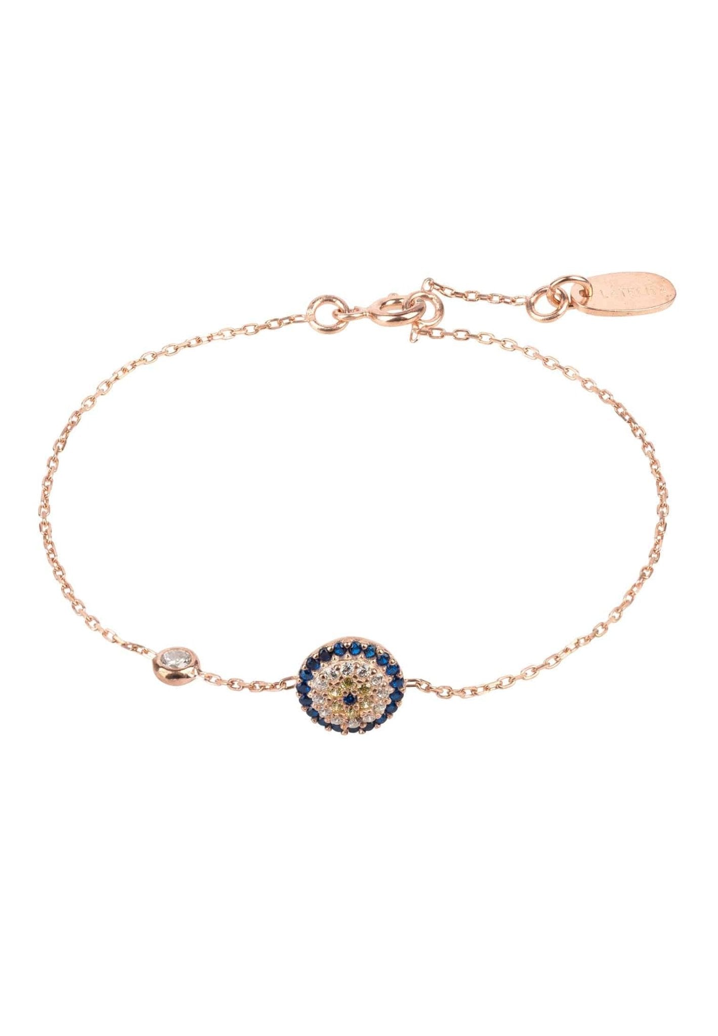 Evil Eye Bracelet in rosegold with blue and white zircons
