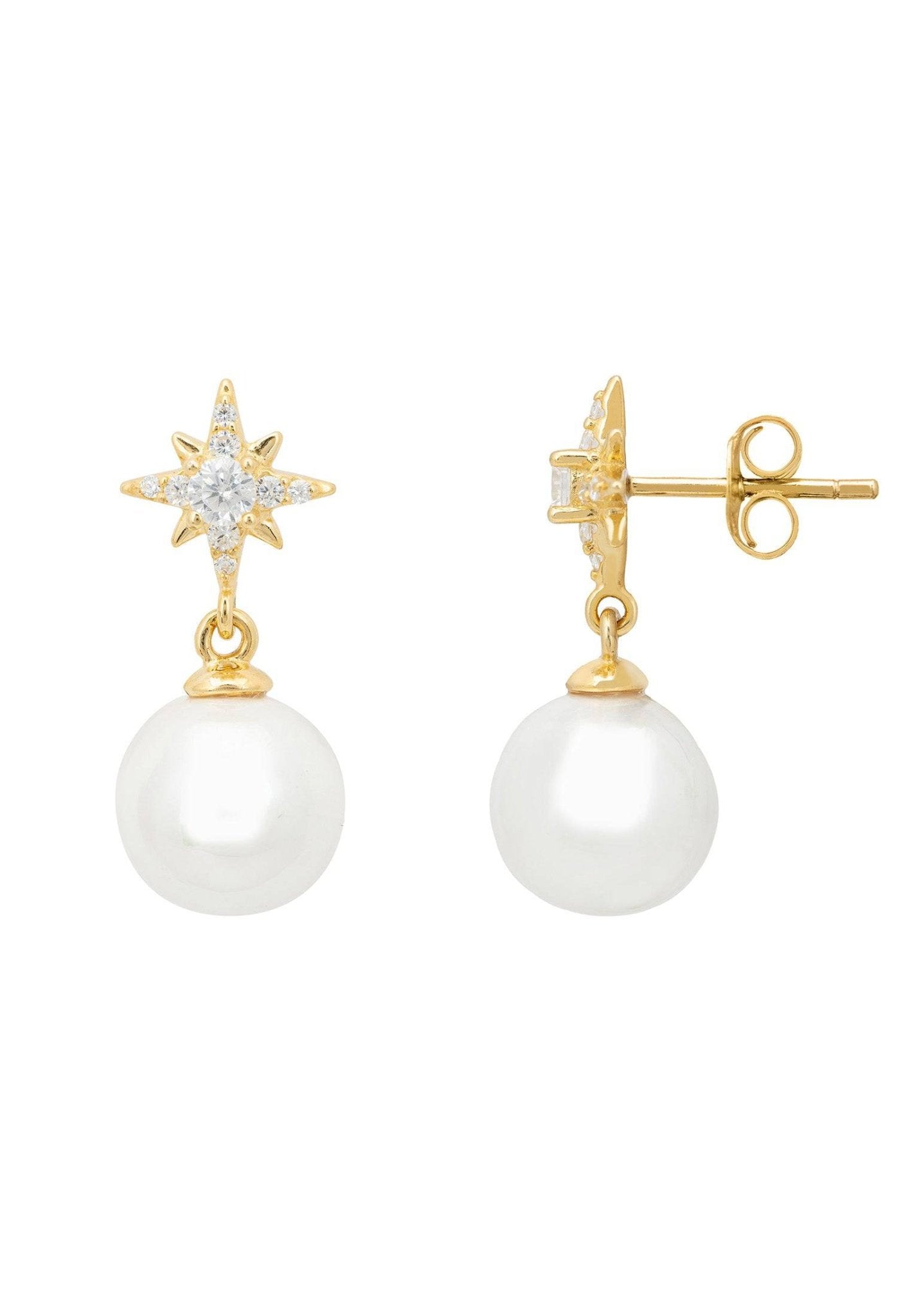 Gold Pearl Earrings with Starburst Design