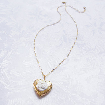 Heart Locket With Porcelain Rose Pendant Necklace