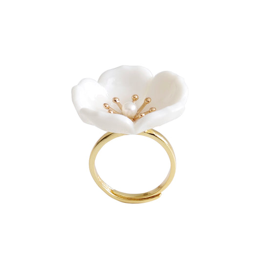 Snow-White Porcelain Plum Blossom Ring with Gold Plated Band