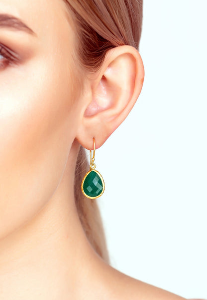 Elegant green onyx gold teardrop earrings, lightweight