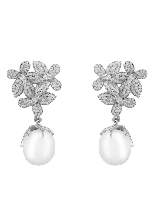 Flowers Pearl Earrings Silver White