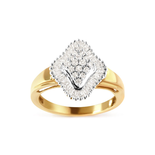 Round and Baguette-Cut Diamond Rhombus Head and Halo Ring