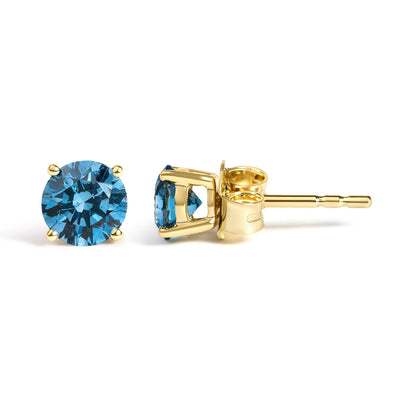 Round Brilliant Cut Lab Grown Blue Diamond 4-Prong Classic Solitaire Studs