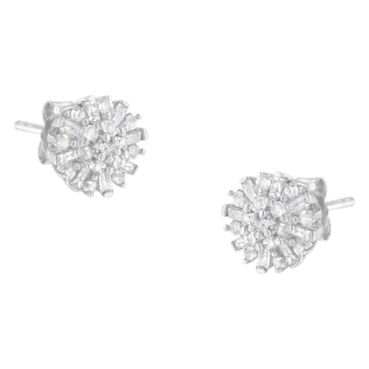 Round and Baguette Diamond Sunburst Floral Cluster Studs