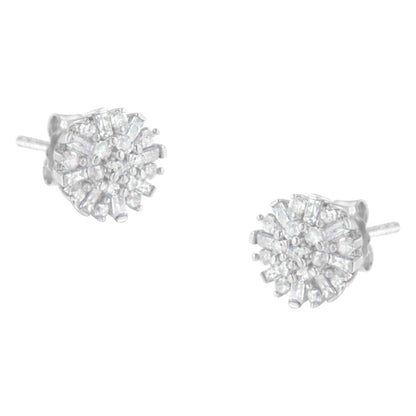 Round and Baguette Diamond Sunburst Floral Cluster Studs