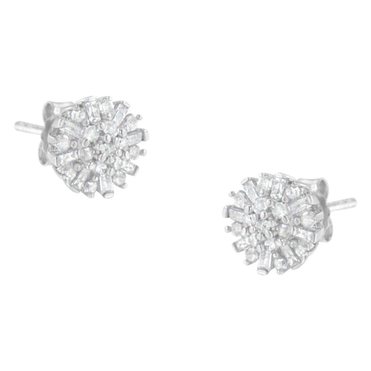 Round and Baguette Diamond Sunburst Floral Cluster Studs